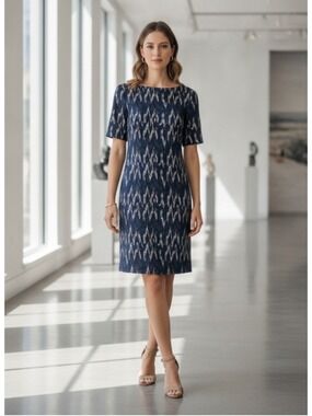 Bitte Kai Rand Ikat Navy and Cream Patterned Sheath Dress Size Small
